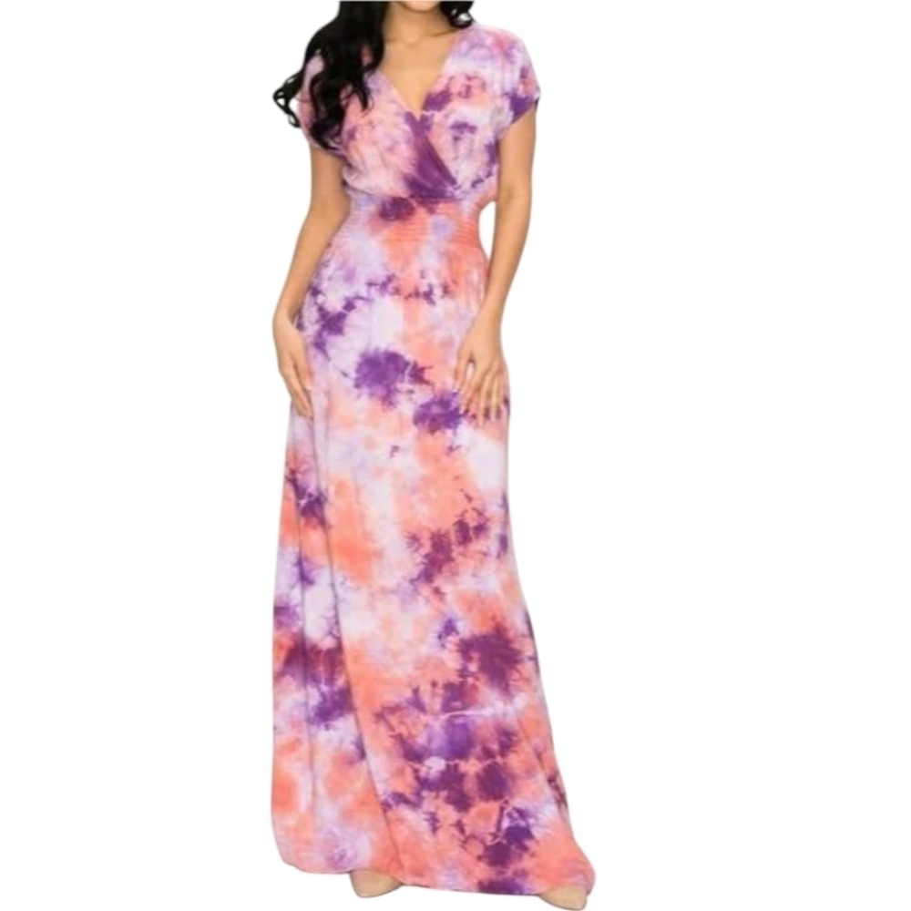 Tie-Dye Dolman Sleeve Maxi Dress - Purple and Orange